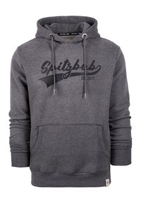 Grijze hoodie met een voorzak. Bevat een zwart bedrukt logo "Spitzbub" en trekkoorden met patroonaccenten. Zachte textuur.