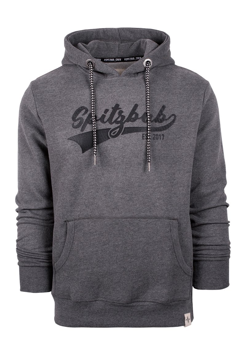 Grijze hoodie met een voorzak. Bevat een zwart bedrukt logo "Spitzbub" en trekkoorden met patroonaccenten. Zachte textuur.