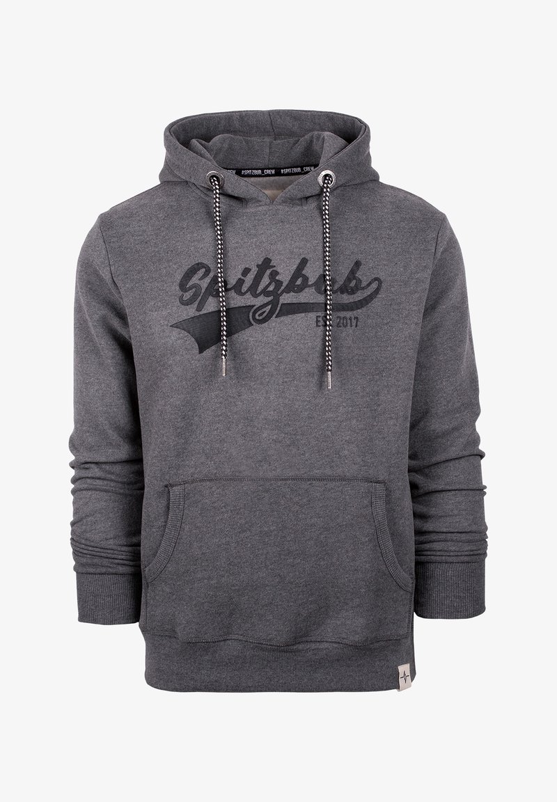 Grijze hoodie met een voorzak. Bevat een zwart bedrukt logo "Spitzbub" en trekkoorden met patroonaccenten. Zachte textuur.