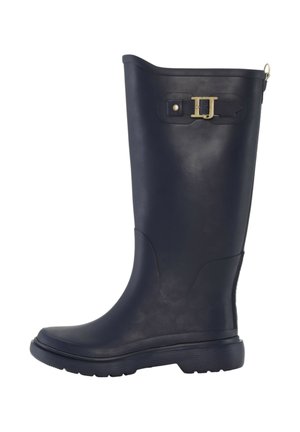 Bota de lluvia alta de goma negra con punta redondeada, suela texturizada y detalle de hebilla dorada en el lateral. Acabado suave y diseño sin costuras.