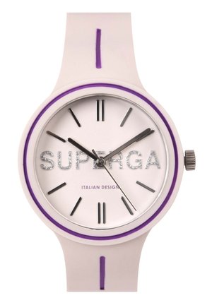 Okrogla ura z belo silikonsko zapestnico, vijoličnimi poudarki in belo številčnico, ki ima črne označbe ur in bleščeč logotip "SUPERGA".