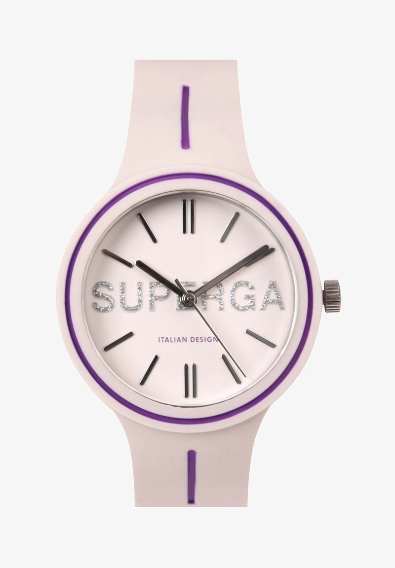 Round watch with a white silicone strap, purple accents, and a white face featuring black hour markers and a glittery "SUPERGA" logo.