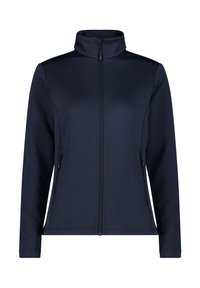 Marinblå zip-up jacka med hög krage, strukturerat herringbone-mönster, två sidofickor med dragkedja och åtsittande ärmar. Slät, lättviktsmaterial.