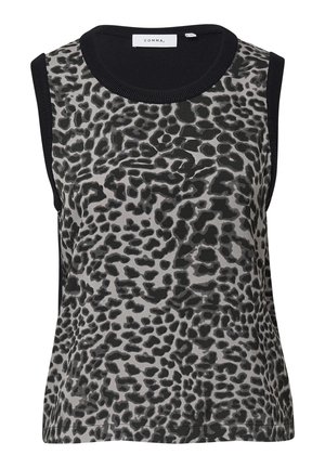 Sleeveless top in grey with a black abstract leopard print. Features a round neckline, black ribbed trim, and a relaxed fit.