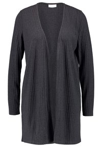 Svart ribbade cardigan med långa ärmar och öppen fram. Mjuk, texturerad tyg med vertikala linjer som sträcker sig genom hela plagget.