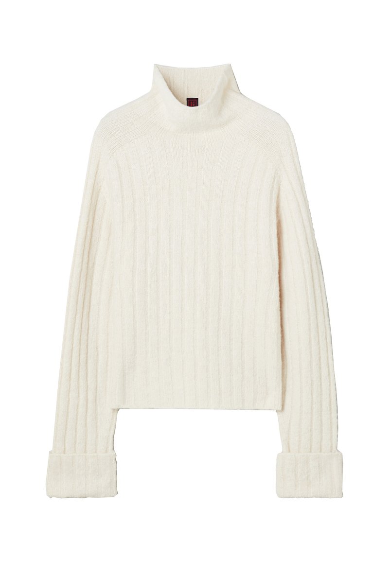 Maglione bianco a collo alto a coste con maniche lunghe, con ampie polsini e un tessuto morbido e strutturato. Lunghezza corta, design casual.