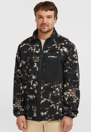 Black and white fleece jacket with abstract pattern, featuring a black chest pocket with zipper and O'Neill logo on the front.