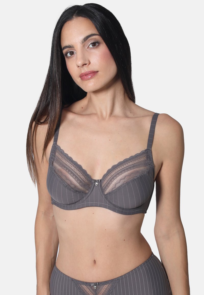 Gray bra with lace trim and pinstripe design. Features a decorative center between cups and adjustable straps. Soft texture and structured shape.