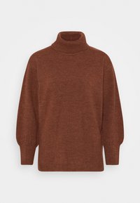 Brązowy sweter z golfem wykonany z miękkiej dzianiny, charakteryzujący się luźnym krojem oraz bufkami na rękawach zakończonymi ściągaczami na mankietach i dole.