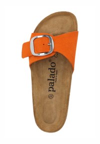 Orange suede slide sandal with a wide strap, metallic buckle detail, and a cushioned brown footbed. Marked with "palado" and size 37.