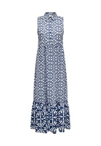 Ärmelloses Maxikleid mit Kragen, blau-weißem geometrischem Blumenmuster und Knopfleiste vorne.
