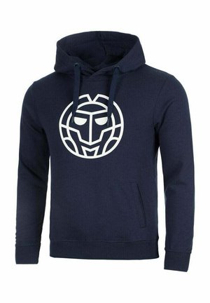 Marineblauer Hoodie mit Fronttasche und weißem, geometrischem, abstraktem Gesichtslogo mittig auf der Brust, ausgestattet mit verstellbarer Kordelkapuze.