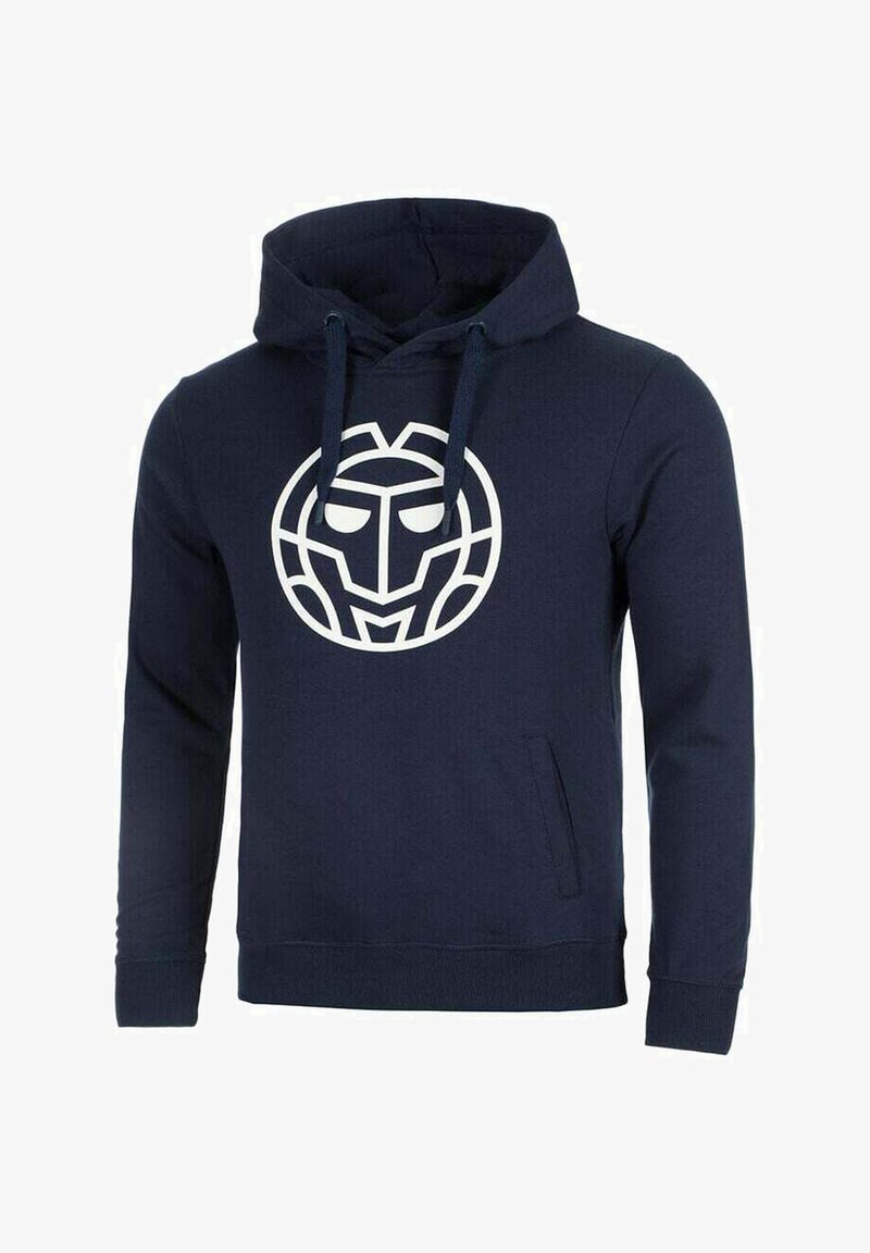 Marineblauer Hoodie mit Fronttasche und weißem, geometrischem, abstraktem Gesichtslogo mittig auf der Brust, ausgestattet mit verstellbarer Kordelkapuze.