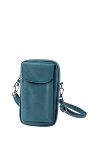 Turquoise leren crossbodytas met ritssluiting, voorvak met klep en afneembare riem. Gestructureerd oppervlak en zilverkleurige hardware-details.