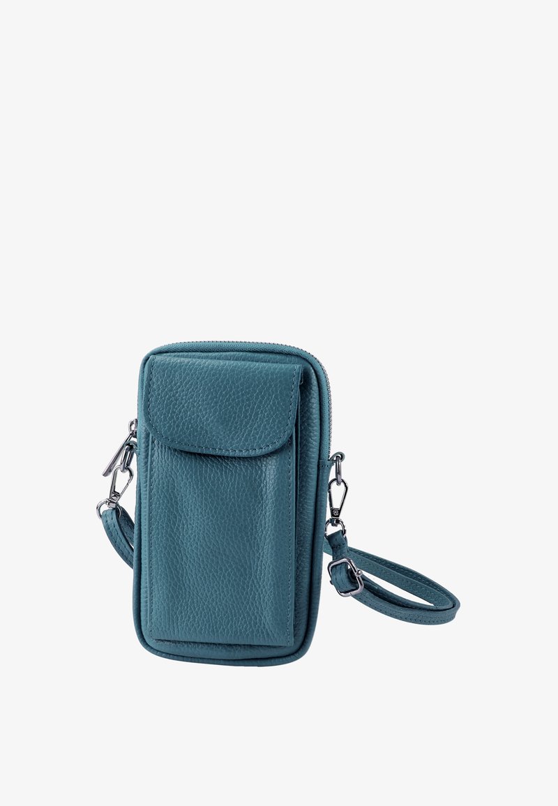 Turquoise leren crossbodytas met ritssluiting, voorvak met klep en afneembare riem. Gestructureerd oppervlak en zilverkleurige hardware-details.