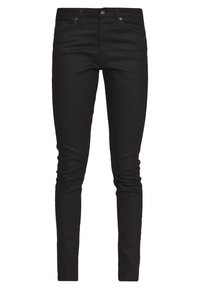 Jeans skinny negros de denim con una textura suave, que presentan un diseño clásico de cinco bolsillos y acentos de herrajes metálicos.