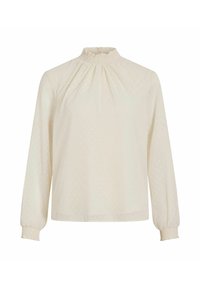 Langærmet cremefarvet bluse med en smocket høj hals, tekstureret stof med små prikker og elastiske manchetter for en afslappet pasform.