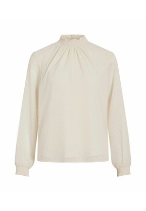 Long-sleeve cream blouse with a smocked high neck, textured fabric featuring small dots, and elasticized cuffs for a relaxed fit.