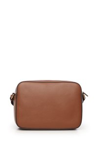 Borsa a tracolla in pelle marrone con finitura texturizzata, forma rettangolare e dettagli in metallo dorato. Tracolla regolabile attaccata da un lato.