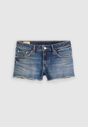 Short en jean bleu foncé avec un ourlet effiloché. Dispose de cinq poches, d'un bouton à l'avant et de coutures dorées contrastantes. Coupe et design classiques.