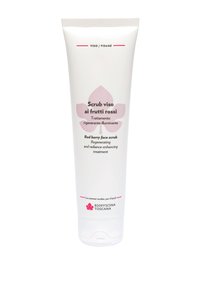 Tubetto bianco, spremibile, con un motivo a foglia rosa chiaro. Il testo include "Scrub viso ai frutti rossi" e "Biofficina Toscana" in caratteri in grassetto.