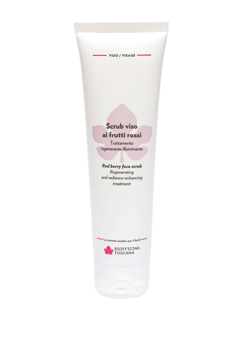 Tubetto bianco, spremibile, con un motivo a foglia rosa chiaro. Il testo include "Scrub viso ai frutti rossi" e "Biofficina Toscana" in caratteri in grassetto.