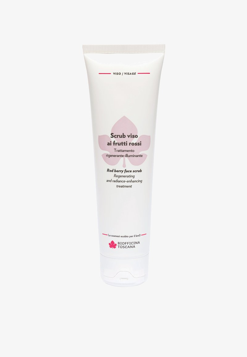 Tubetto bianco, spremibile, con un motivo a foglia rosa chiaro. Il testo include "Scrub viso ai frutti rossi" e "Biofficina Toscana" in caratteri in grassetto.