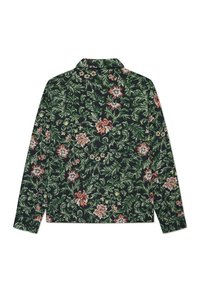 Floral print shirt with a dark green background. Features a collared design, long sleeves, and a dense pattern of pink and white flowers.