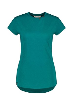 Petrolfarbenes, kurzärmeliges, tailliertes Damenshirt mit rundem Ausschnitt und zwei kleinen Knöpfen auf der linken Schulter.