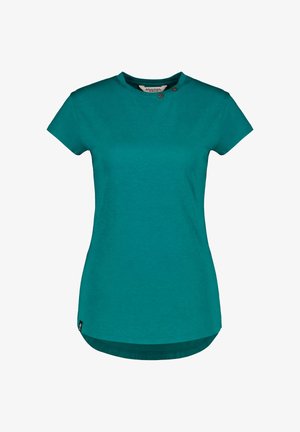 Petrolfarbenes, kurzärmeliges, tailliertes Damenshirt mit rundem Ausschnitt und zwei kleinen Knöpfen auf der linken Schulter.