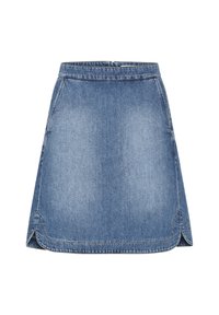 Jupe en denim, bleue claire, forme en A, longueur au-dessus du genou, avec un ourlet courbé et des accents de couture, deux poches latérales et une ceinture.