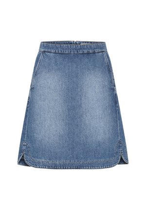 Denimrock, hellblau, A-Linien-Form, knielang, mit gewelltem Saum und sichtbaren Nähten, zwei seitlichen Taschen und einem Bund.