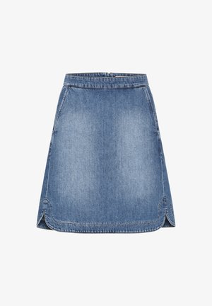 Farkkuhame, vaaleansininen, A-linjainen muoto, polven ylle ulottuva, jossa on kaareva helma ja ompeluaksentteja, kaksi sivutaskua ja vyötärö.