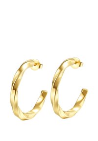 Pendientes de aro dorados retorcidos con un acabado brillante, que presentan una forma redondeada y un cierre seguro de tipo poste.