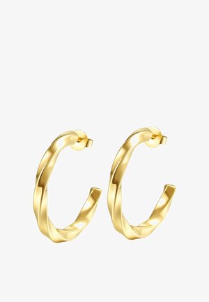 Skręcone, złote kolczyki w kształcie obręczy o błyszczącej powierzchni, z zaokrąglonym kształtem i bezpiecznym zapięciem na sztyft.