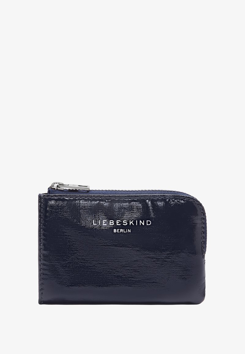 Portfel z lakierowanej skóry w kolorze granatowym z zamkiem błyskawicznym, z wytłoczonym logo "LIEBESKIND BERLIN" na przedniej stronie. Gładka faktura.