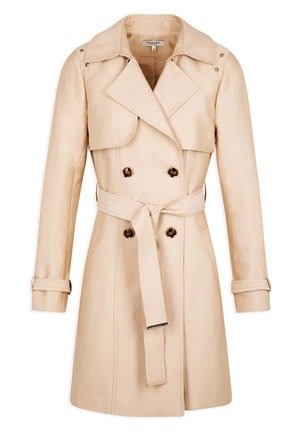 Beige Trenchcoat mit doppelter Knopfleiste, Schulterklappen, tailliertem Gürtel und Knopfakzenten. Hergestellt aus glattem, leichtem Stoff.
