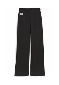 Black athletic pants made of smooth, lightweight material. Features a wide leg design and an elastic waistband with a logo tag.