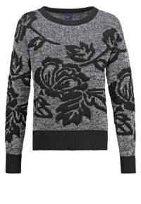 Czarny i szary sweter z dzianiny z kwiatowym wzorem, okrągłym dekoltem, ściągaczami przy mankietach i u dołu. Miękka tekstura z kontrastowymi detalami nadruku.