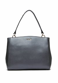Borsa a tracolla in pelle sintetica grigia con una forma strutturata e un manico singolo. Dotata di hardware dorato e logo impresso sul davanti.
