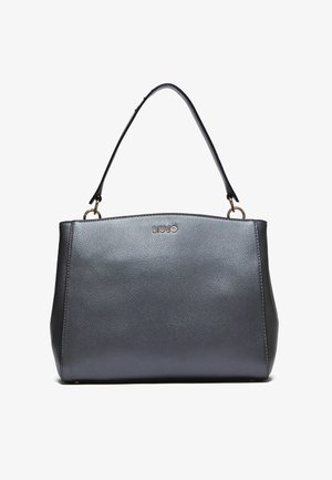 Borsa a tracolla in pelle sintetica grigia con una forma strutturata e un manico singolo. Dotata di hardware dorato e logo impresso sul davanti.