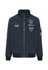 Marineblaues Bomberjacke mit einem Reißverschluss vorne, hohem Kragen und gerippten Bündchen. Verfügt über verschiedene gestickte Aufnäher und eine Reißverschlusstasche am Ärmel.