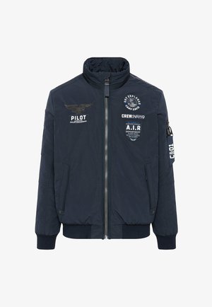Marineblaues Bomberjacke mit einem Reißverschluss vorne, hohem Kragen und gerippten Bündchen. Verfügt über verschiedene gestickte Aufnäher und eine Reißverschlusstasche am Ärmel.