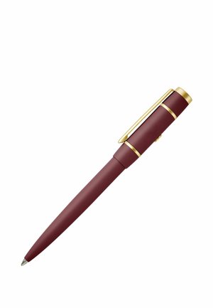Stylo à bille bordeaux avec clip et finitions dorées, capuchonné, placé en diagonale sur fond blanc.
