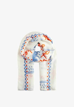 Écharpe blanche à motifs bleus et orange, incluant des lignes ondulées et des points, avec une texture douce et une forme rectangulaire.