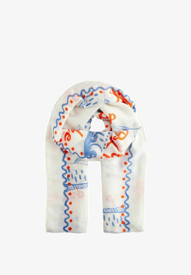 Weißer Schal mit blauen und orangenen Mustern, darunter wellenförmige Linien und Punkte, mit einer weichen Textur und rechteckiger Form.