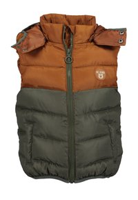 Vadderad väst med en brun överdel och olivgrön underdel, med en dragkedja fram, tryckknappskrage och ett "Be Kind"-märke på bröstet.