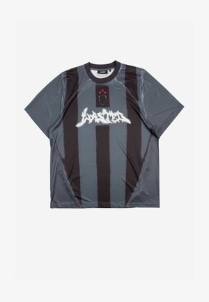 Short-sleeve sports jersey with black and dark gray vertical stripes, white stylized text logo in center, and small red stars above emblem.