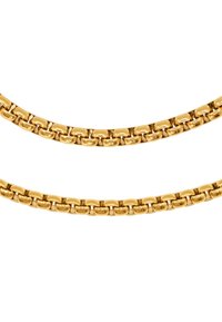 Gouden ketting met een glad, rond schakeldesign. De schakels zijn stevig met elkaar verbonden en tonen een gepolijste afwerking en een uniforme textuur.