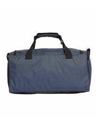 Borsa a viaggio in tessuto blu con accenti neri, doppi manici neri e chiusura a zip nella parte superiore. Forma rettangolare compatta. Superficie texturizzata.